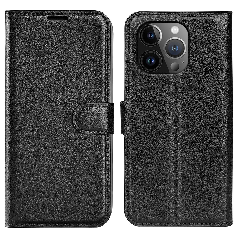 AMORUS For iPhone 14 Pro Max Wallet Case Litchi Texture Shockproof Leather Flip Stand Phone Cover - Black