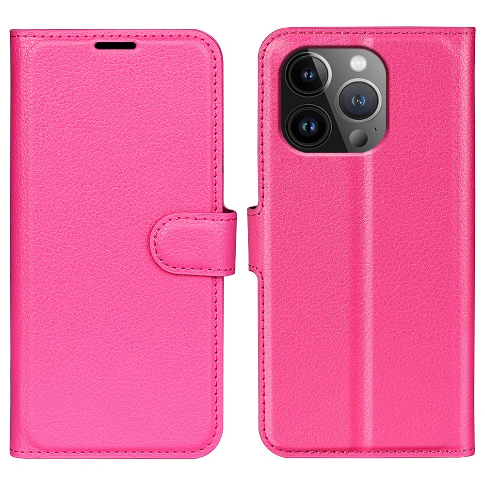 AMORUS For iPhone 14 Pro Max Wallet Case Litchi Texture Shockproof Leather Flip Stand Phone Cover - Rose