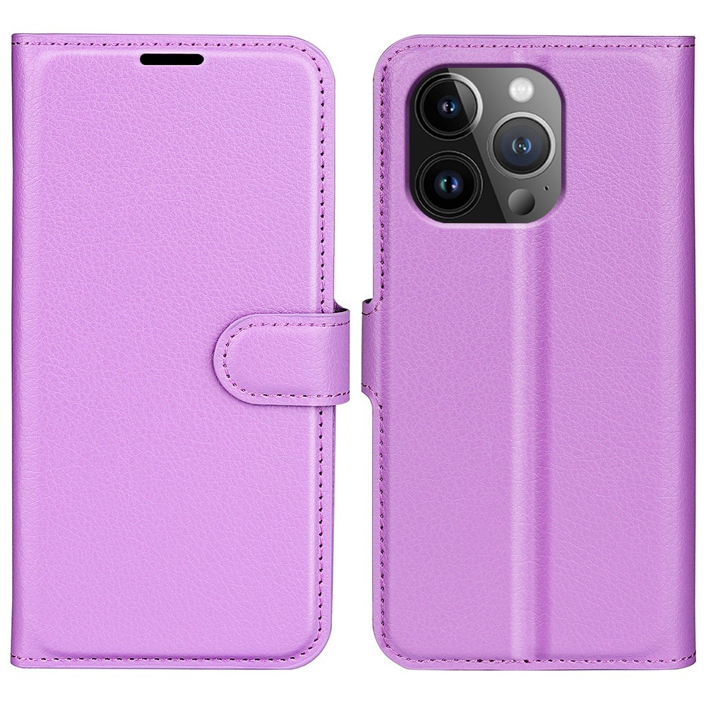 AMORUS For iPhone 14 Pro Max Wallet Case Litchi Texture Shockproof Leather Flip Stand Phone Cover - Purple