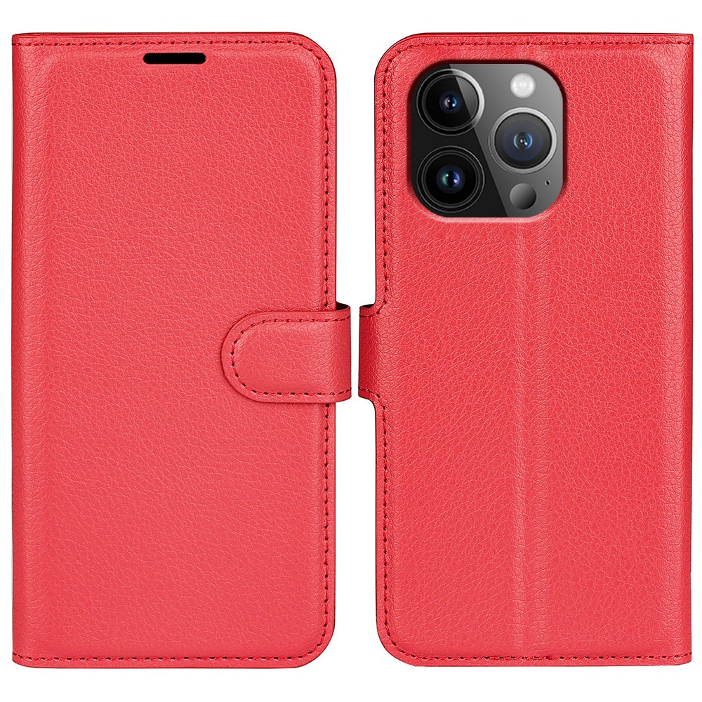 AMORUS For iPhone 14 Pro Wallet Case Litchi Texture Shockproof Leather Flip Stand Phone Cover - Red