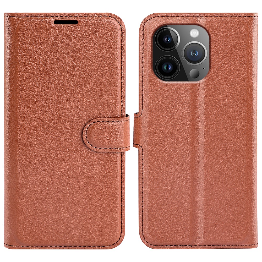 AMORUS For iPhone 14 Pro Wallet Case Litchi Texture Shockproof Leather Flip Stand Phone Cover - Brown
