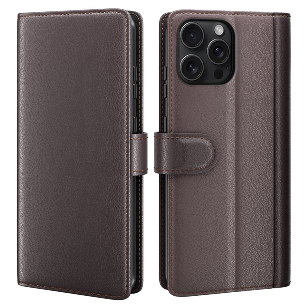AMORUS For iPhone 16 Pro Stand Cases Calf Texture Genuine Split Leather Wallet Phone Cover - Brown