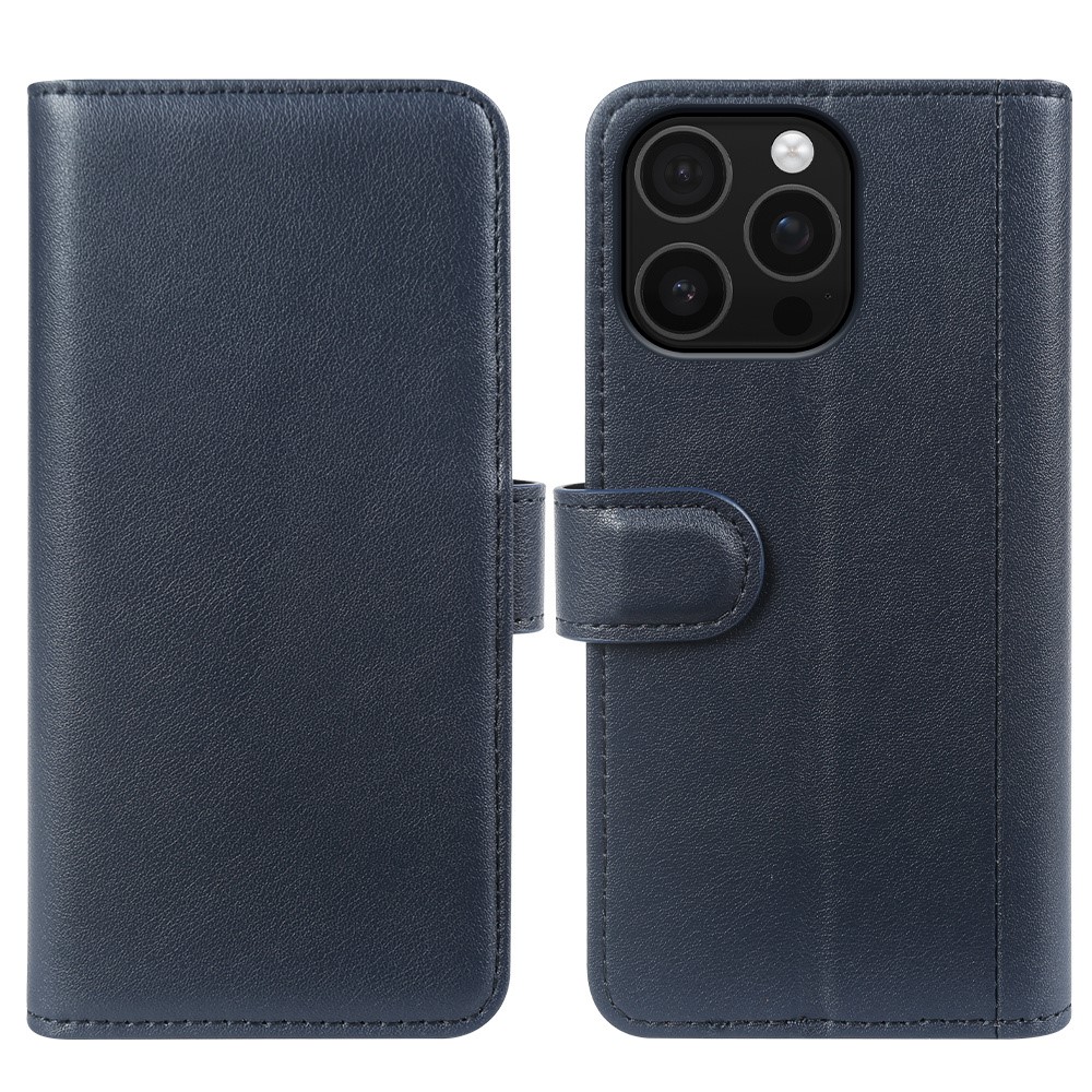 AMORUS For iPhone 16 Pro Stand Cases Calf Texture Genuine Split Leather Wallet Phone Cover - Blue
