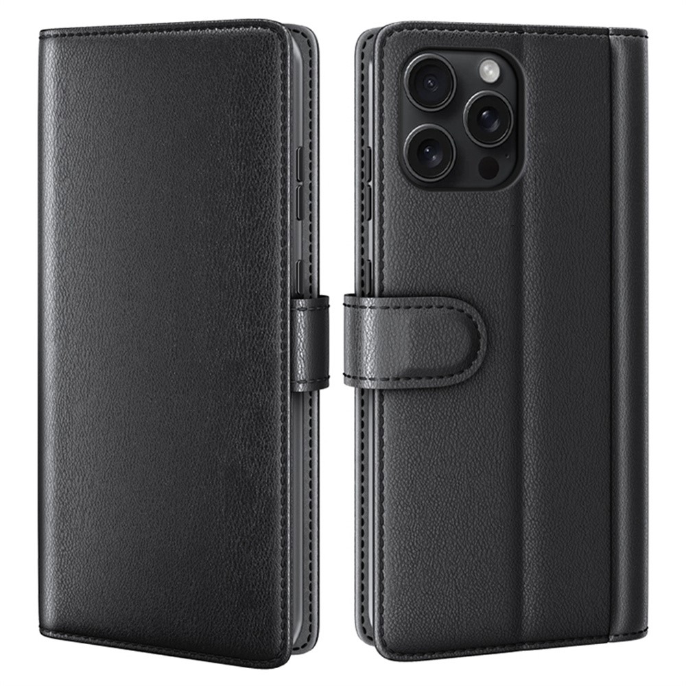 AMORUS For iPhone 16 Pro Max Stand Cases Calf Texture Genuine Split Leather Wallet Phone Cover - Black