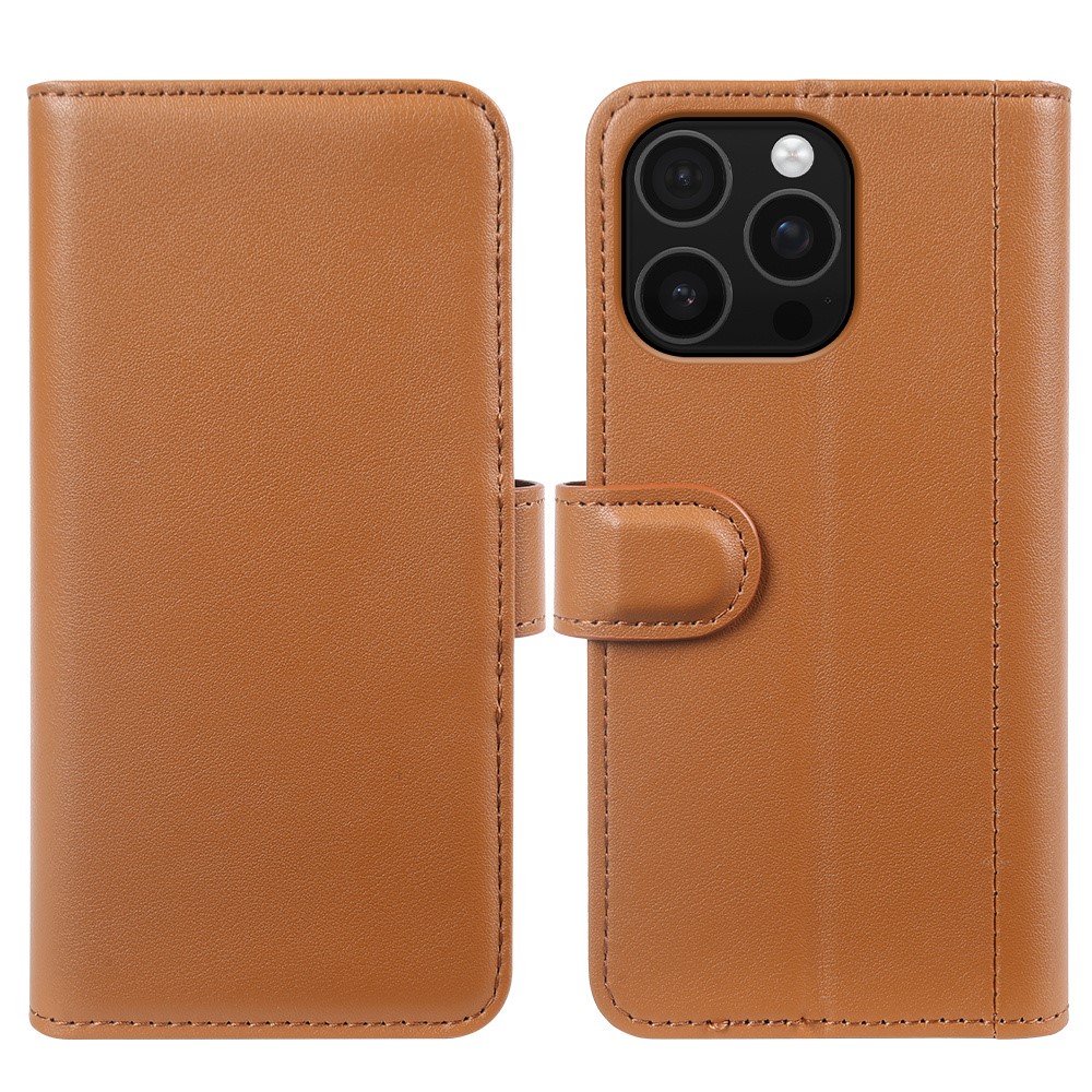AMORUS For iPhone 16 Pro Max Stand Cases Calf Texture Genuine Split Leather Wallet Phone Cover - Light Brown