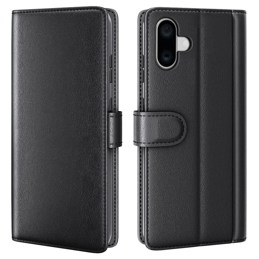 AMORUS For iPhone 16 Stand Cases Calf Texture Genuine Split Leather Wallet Phone Cover - Black