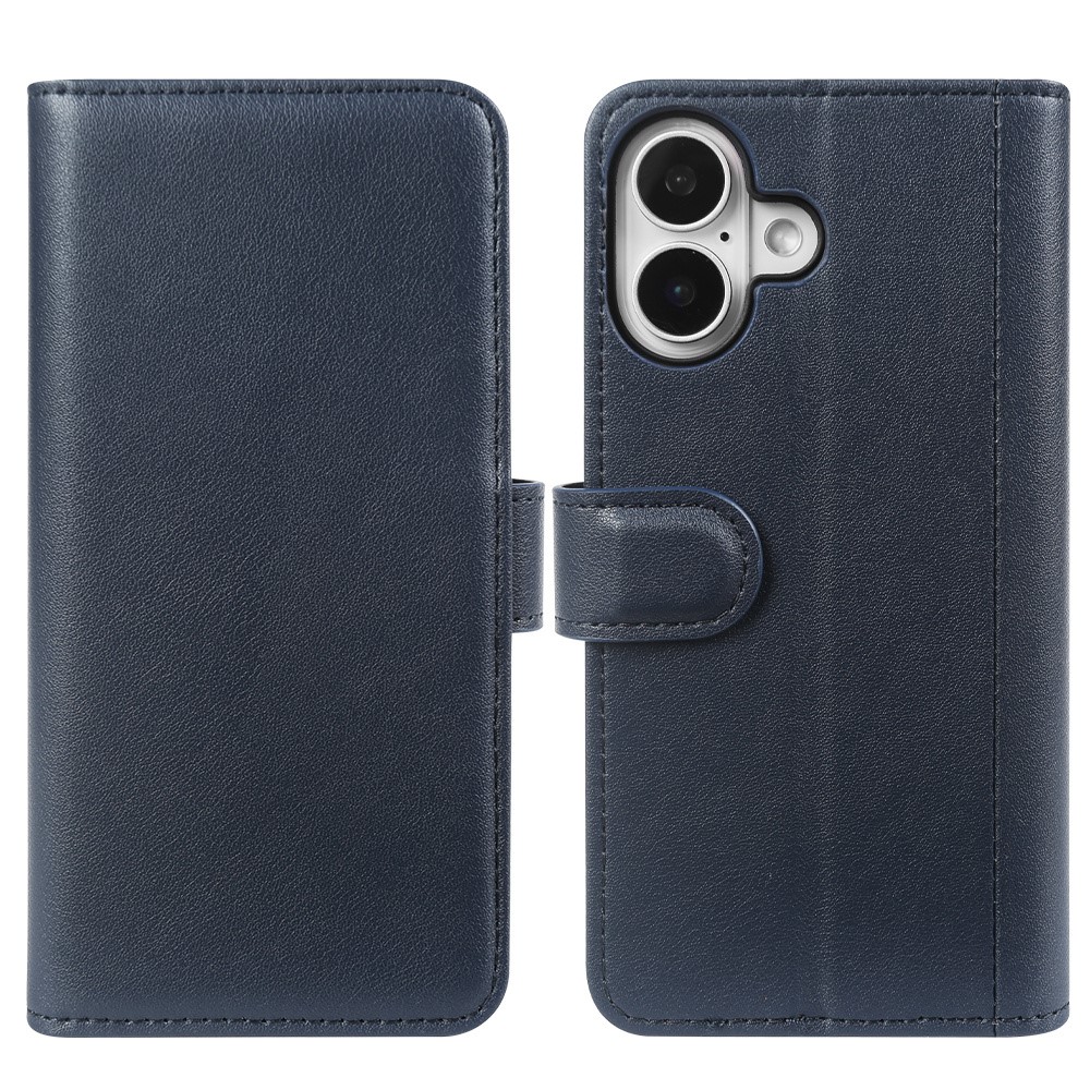 AMORUS For iPhone 16 Stand Cases Calf Texture Genuine Split Leather Wallet Phone Cover - Blue