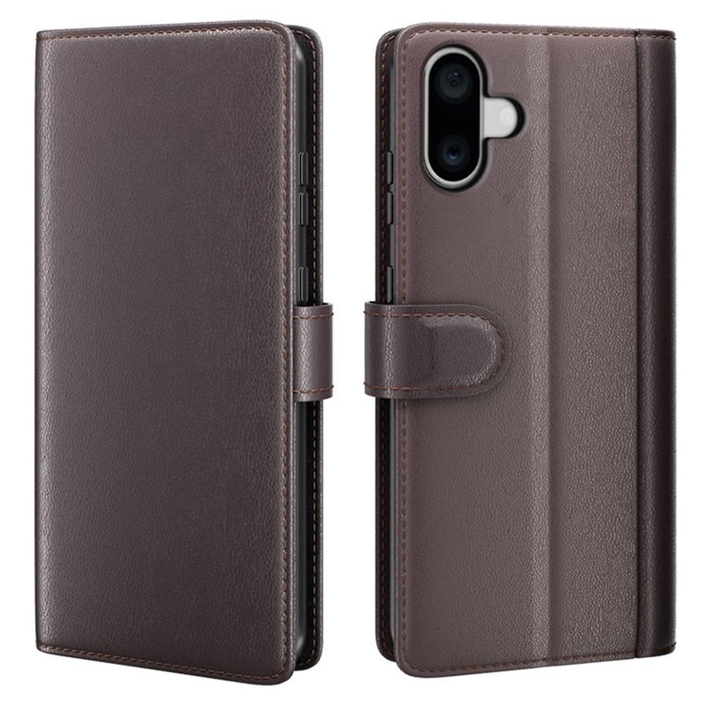 AMORUS For iPhone 16 Plus Stand Cases Calf Texture Genuine Split Leather Wallet Phone Cover - Brown