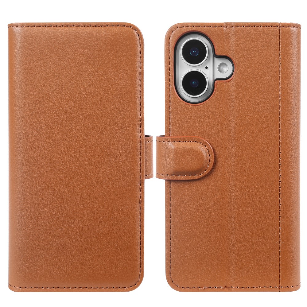 AMORUS For iPhone 16 Plus Stand Cases Calf Texture Genuine Split Leather Wallet Phone Cover - Light Brown