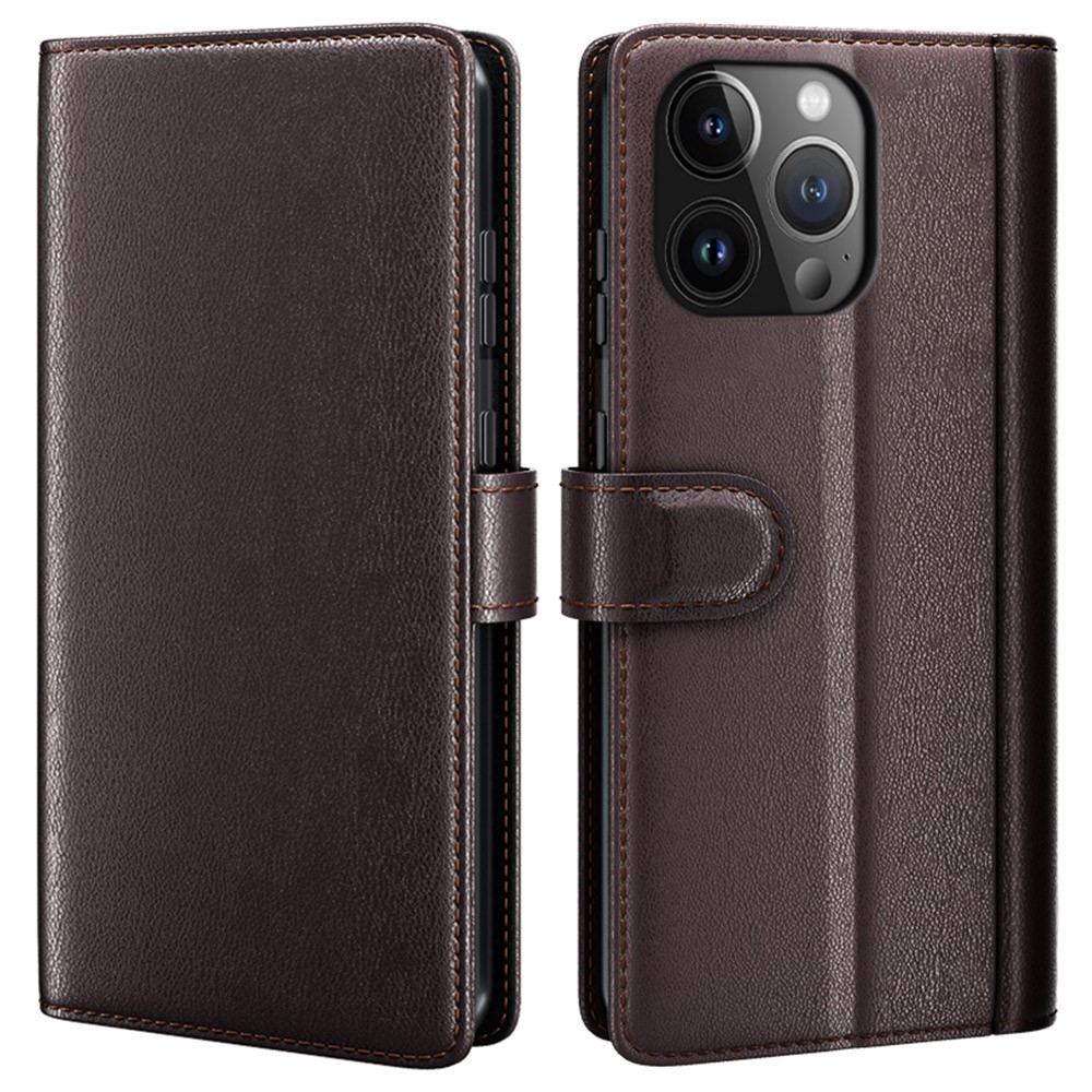 AMORUS For iPhone 15 Pro Max Stand Cases Calf Texture Genuine Split Leather Wallet Phone Cover - Brown