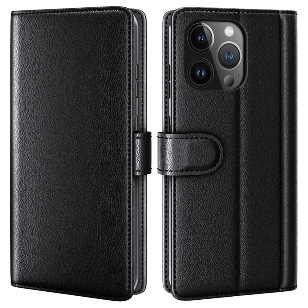 AMORUS For iPhone 15 Pro Max Stand Cases Calf Texture Genuine Split Leather Wallet Phone Cover - Black
