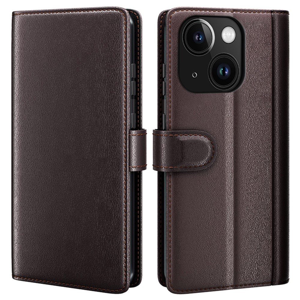 AMORUS For iPhone 15 Stand Cases Calf Texture Genuine Split Leather Wallet Phone Cover - Brown