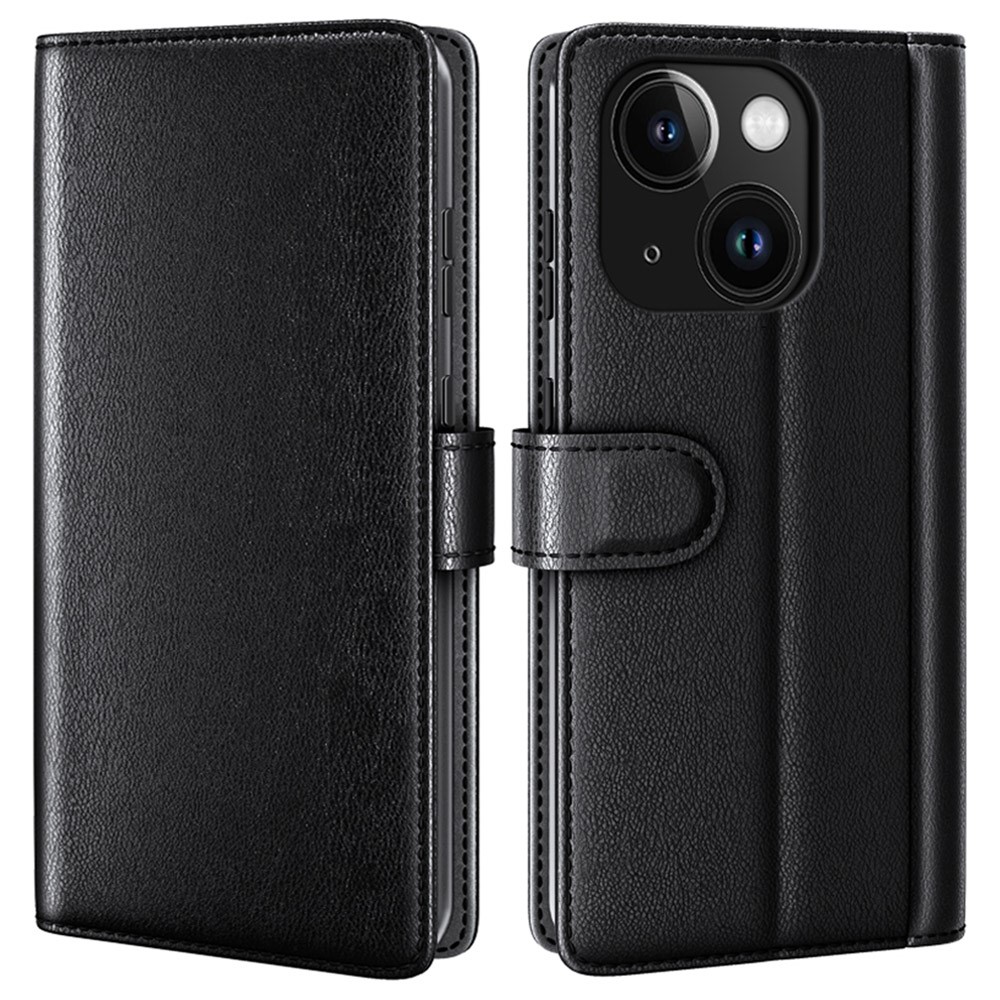 AMORUS For iPhone 15 Plus Stand Cases Calf Texture Genuine Split Leather Wallet Phone Cover - Black