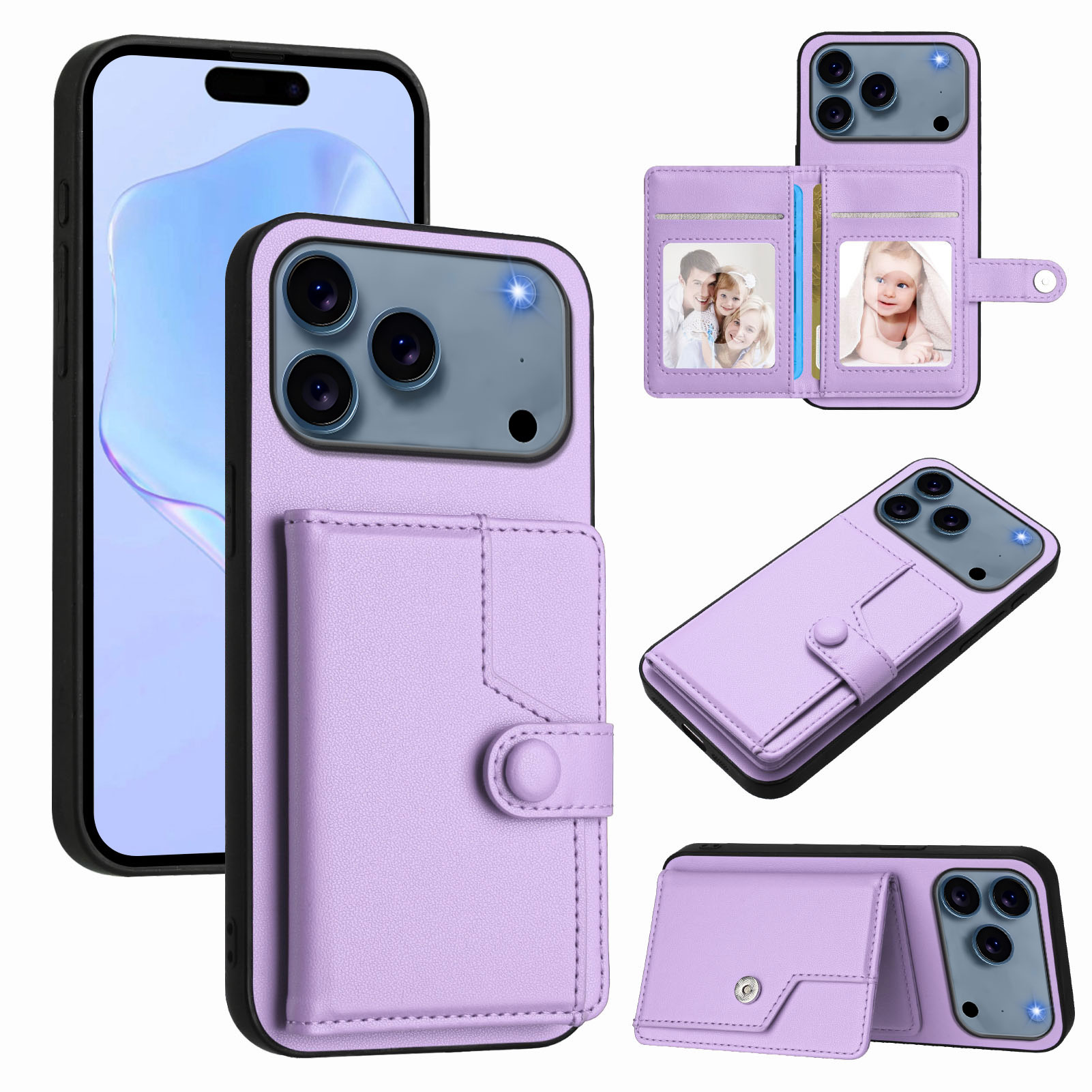 For iPhone 17 Pro Max Case RFID Blocking Card Holder Kickstand TPU + PU Leather Phone Back Cover - Purple