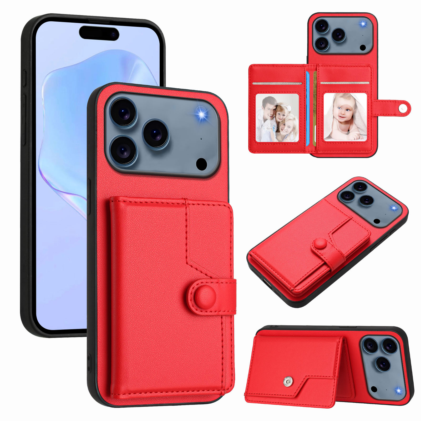 For iPhone 17 Pro Case RFID Blocking Card Holder Kickstand TPU + PU Leather Phone Back Cover - Red