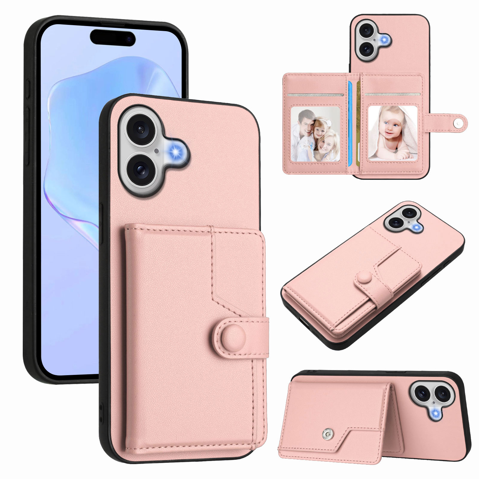 For iPhone 17 Case RFID Blocking Card Holder Kickstand TPU + PU Leather Phone Back Cover - Rose Gold