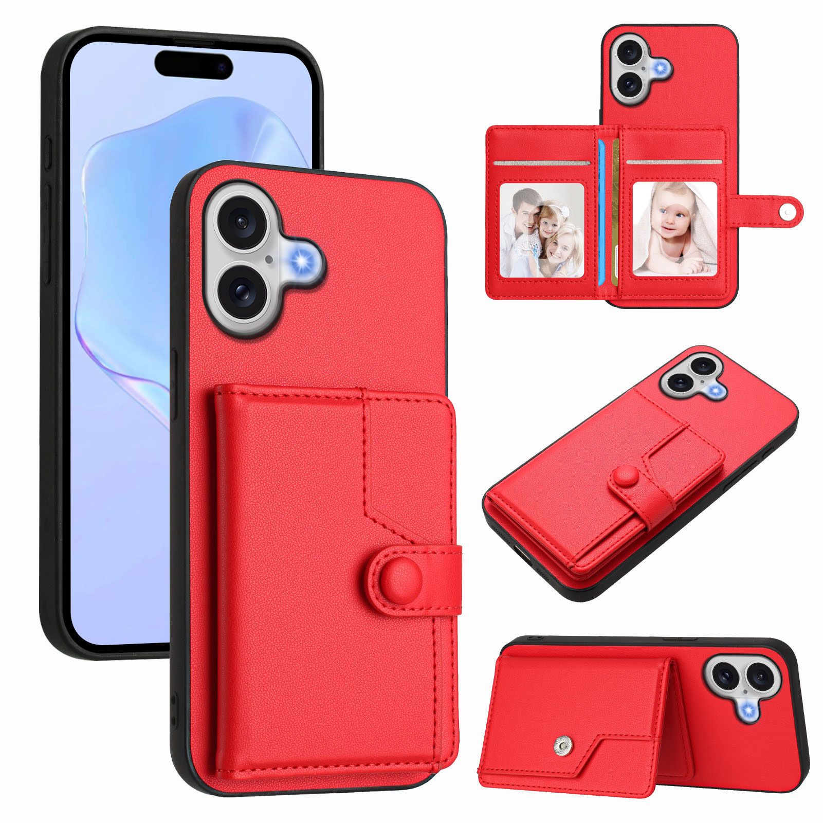 For iPhone 17 Case RFID Blocking Card Holder Kickstand TPU + PU Leather Phone Back Cover - Red