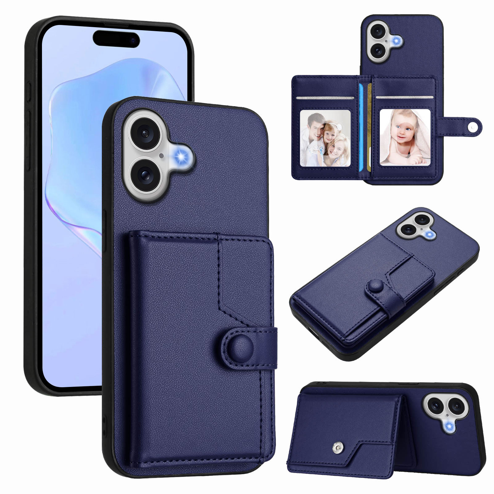 For iPhone 17 Case RFID Blocking Card Holder Kickstand TPU + PU Leather Phone Back Cover - Blue