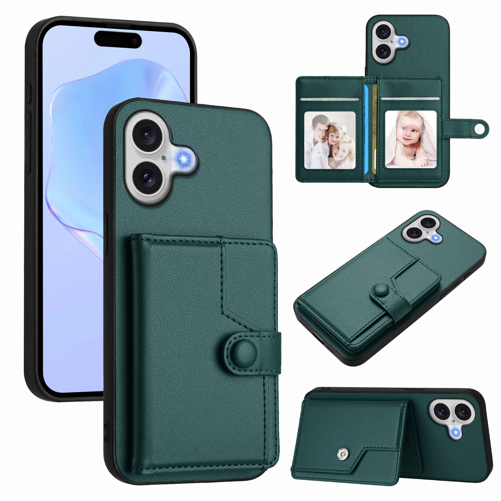 For iPhone 17 Case RFID Blocking Card Holder Kickstand TPU + PU Leather Phone Back Cover - Green