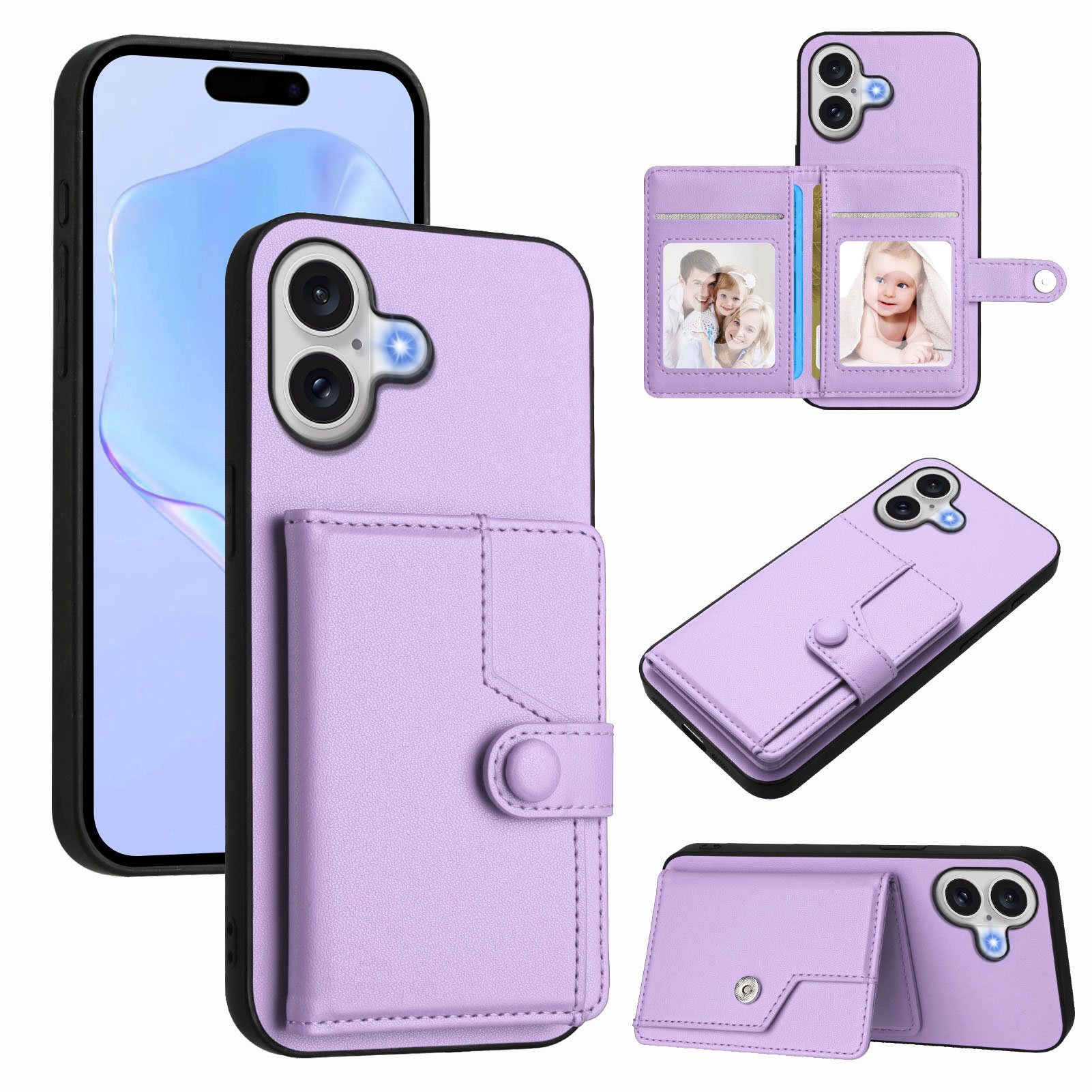 For iPhone 17 Case RFID Blocking Card Holder Kickstand TPU + PU Leather Phone Back Cover - Purple