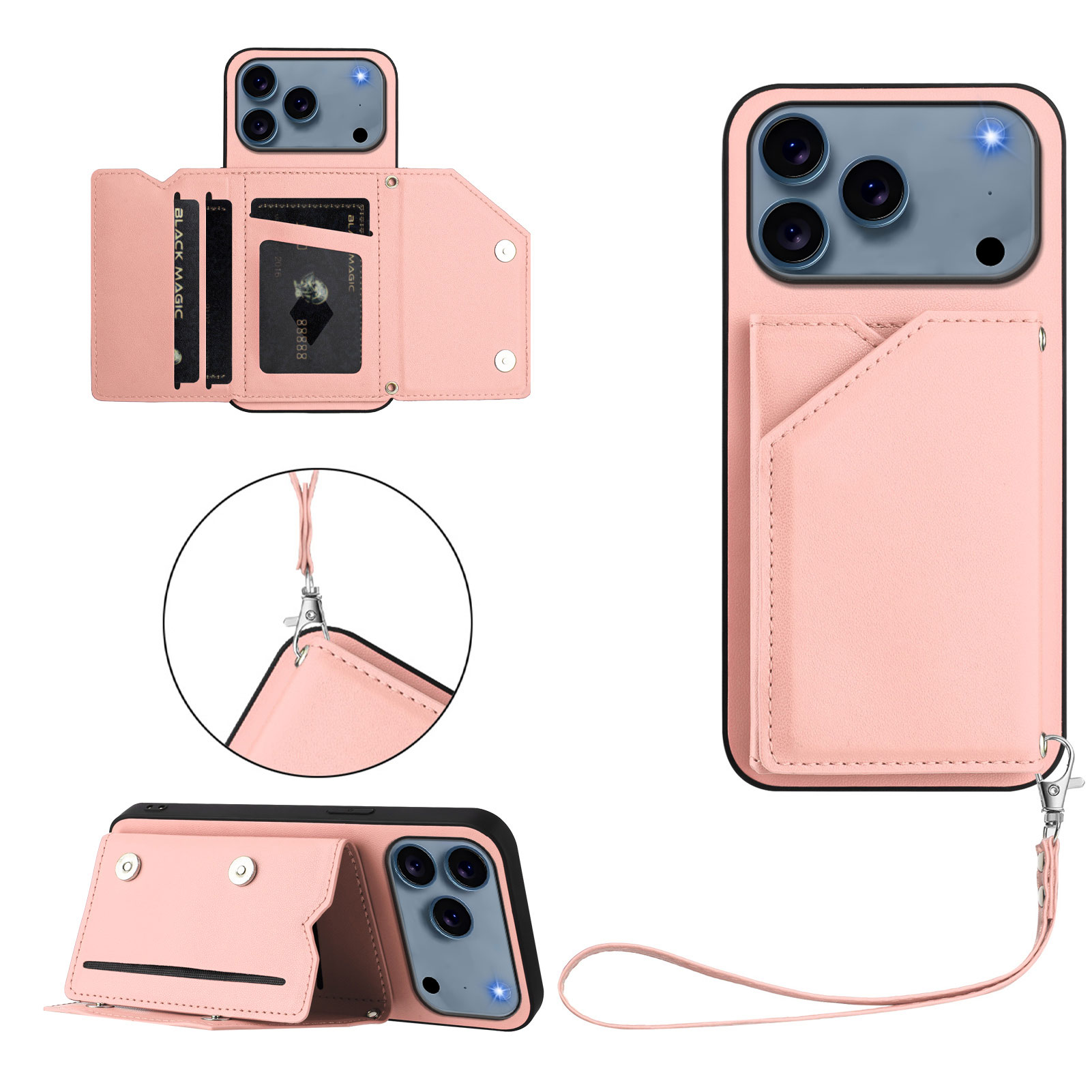 For iPhone 17 Pro Case Card Holder Kickstand Skin-Touch Phone Cover with Wrist Strap - Pink