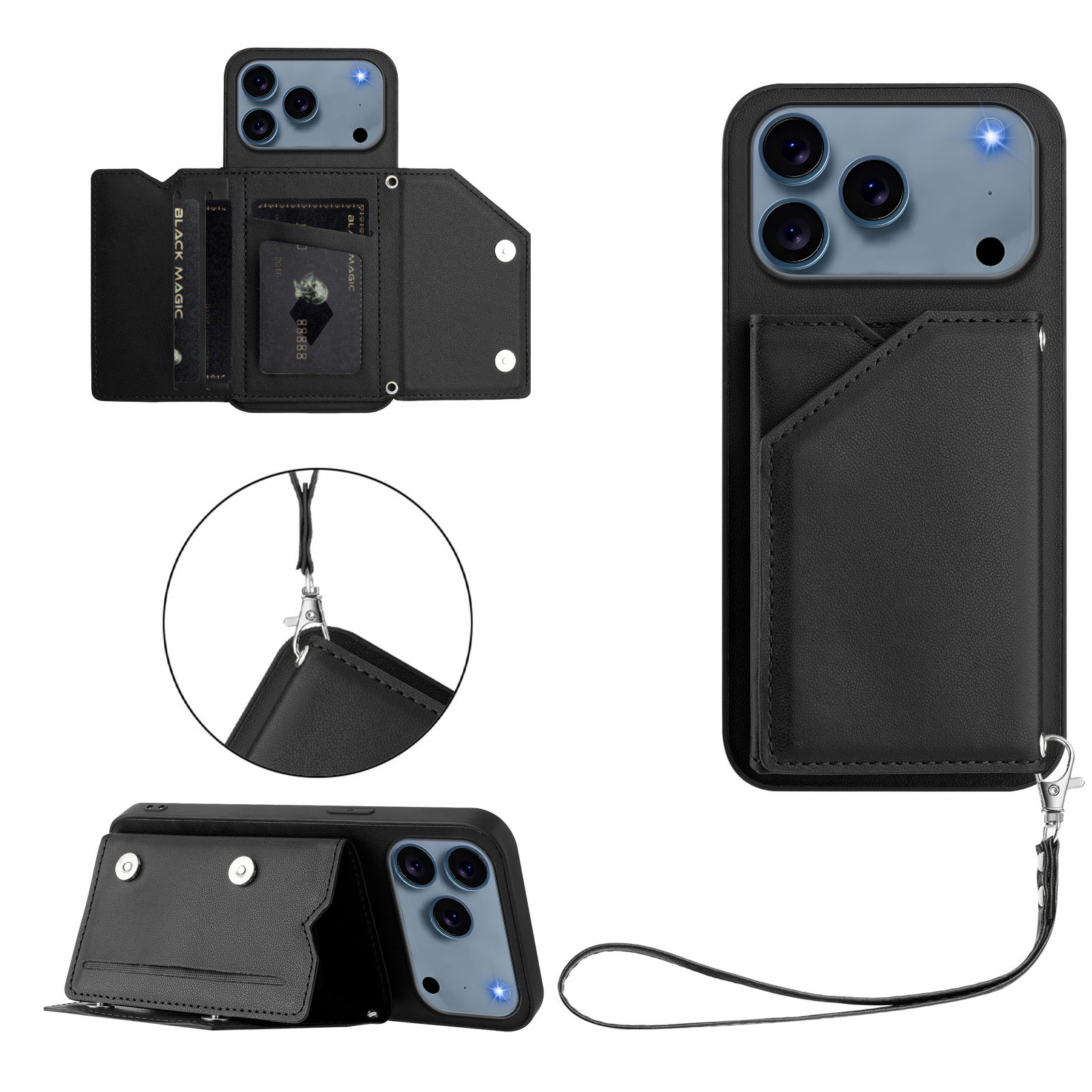 For iPhone 17 Pro Case Card Holder Kickstand Skin-Touch Phone Cover with Wrist Strap - Black