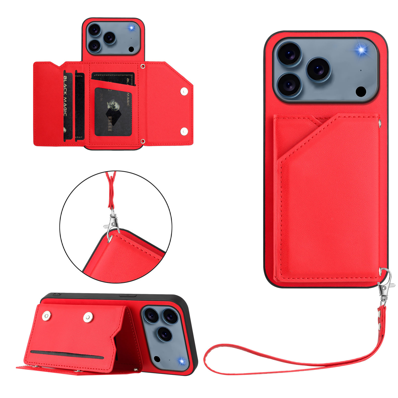 For iPhone 17 Pro Case Card Holder Kickstand Skin-Touch Phone Cover with Wrist Strap - Red
