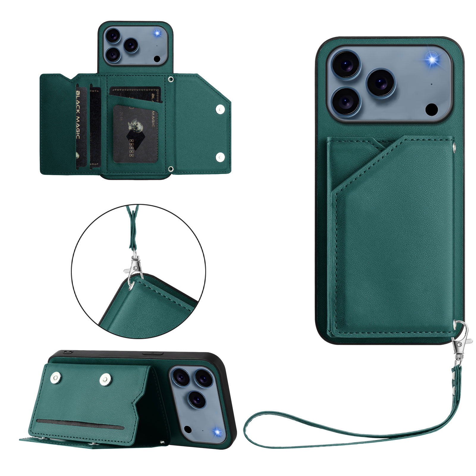 For iPhone 17 Pro Case Card Holder Kickstand Skin-Touch Phone Cover with Wrist Strap - Green