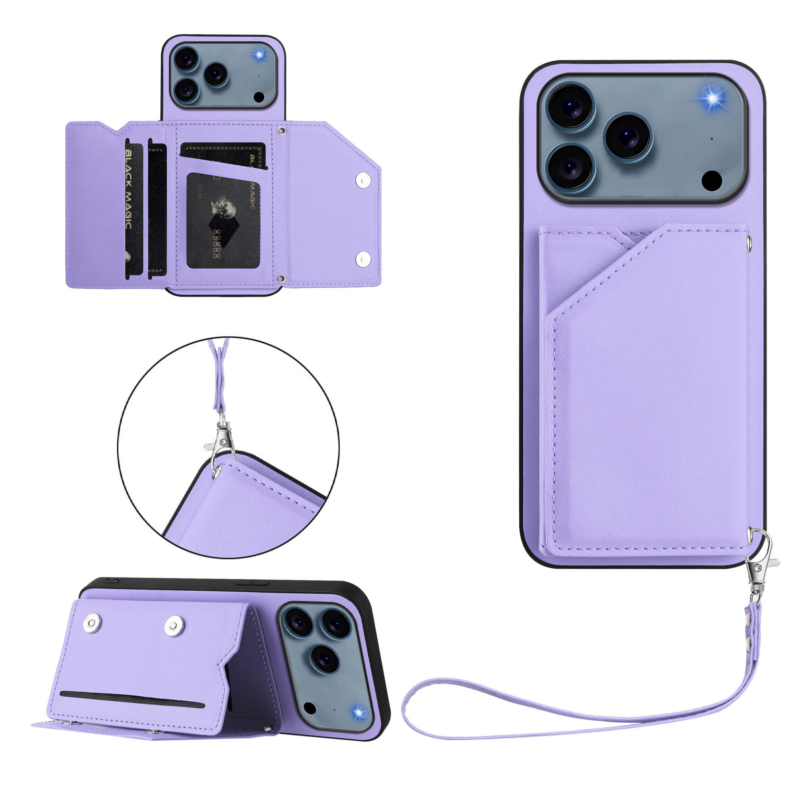 For iPhone 17 Pro Max Case Card Holder Kickstand Skin-Touch Phone Cover with Wrist Strap - Light Purple
