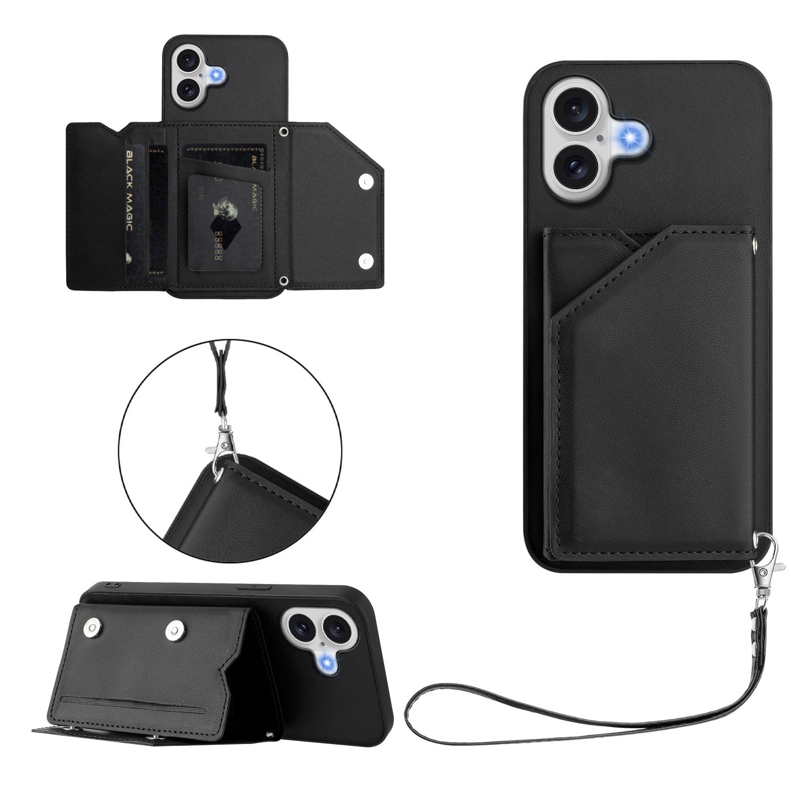 For iPhone 17 Case Card Holder Kickstand Skin-Touch Phone Cover with Wrist Strap - Black