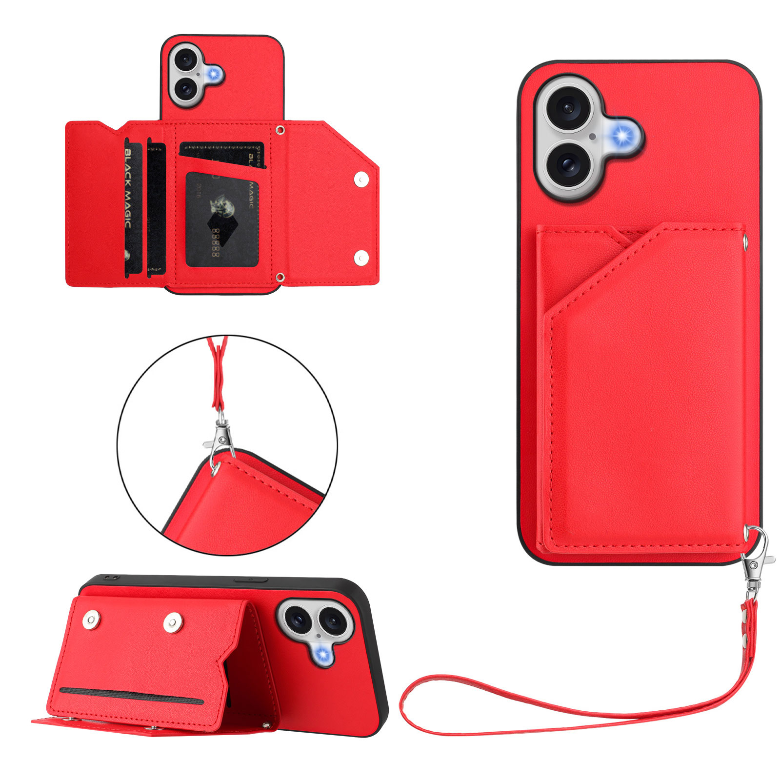 For iPhone 17 Case Card Holder Kickstand Skin-Touch Phone Cover with Wrist Strap - Red