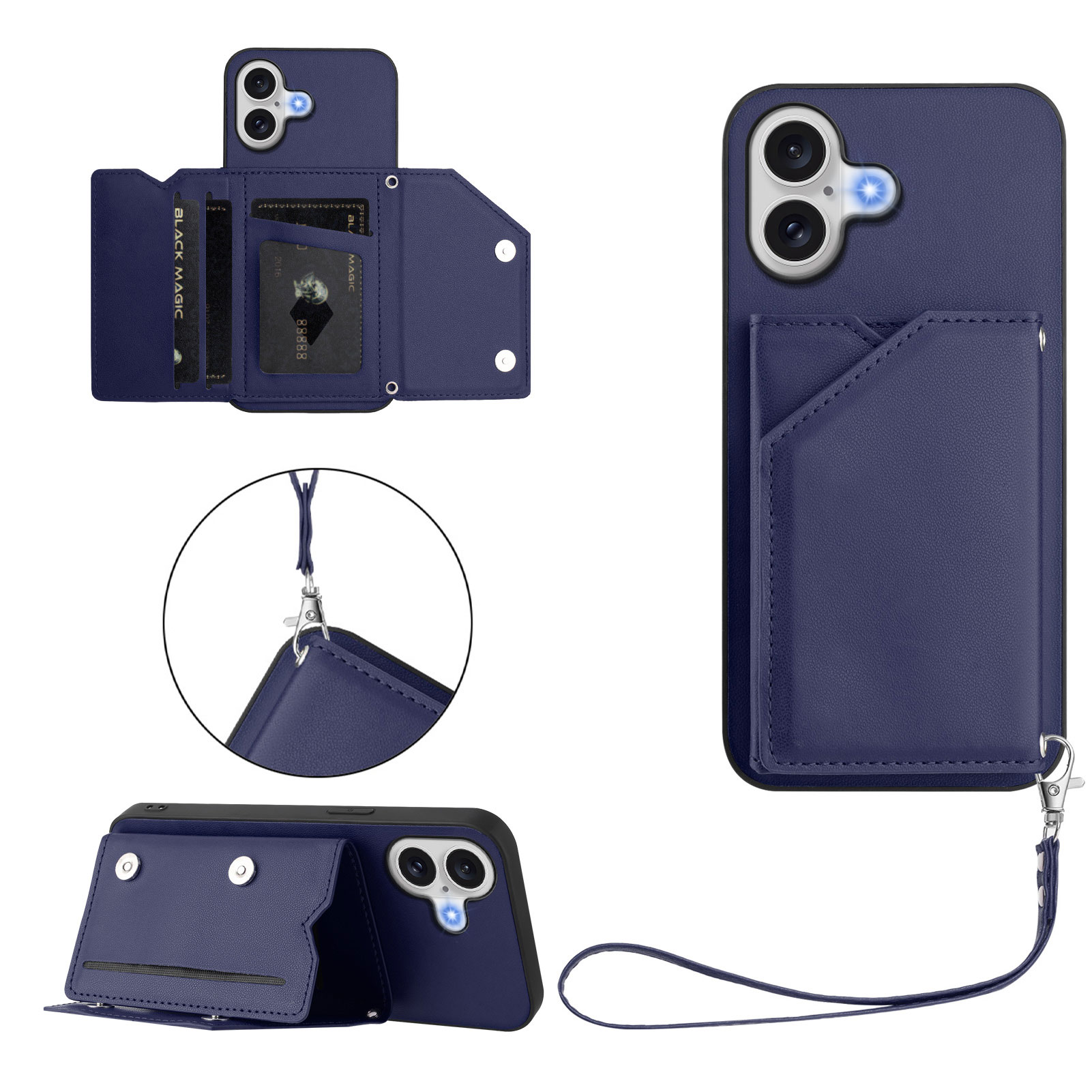 For iPhone 17 Case Card Holder Kickstand Skin-Touch Phone Cover with Wrist Strap - Blue