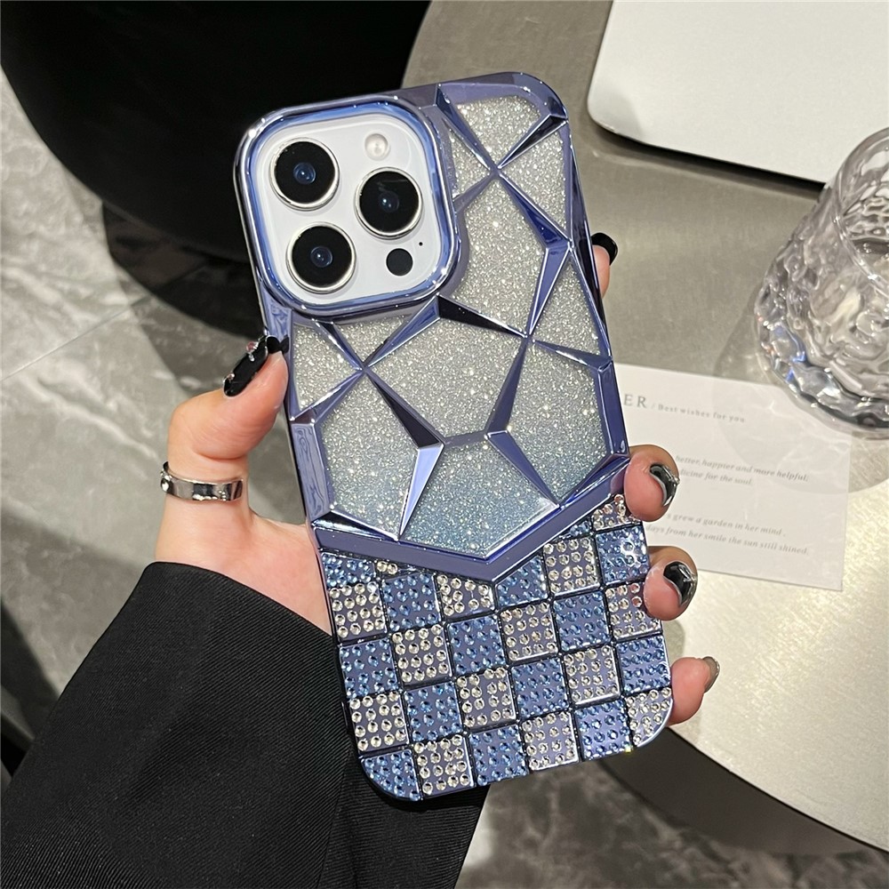 For iPhone 16 Pro Case with Glitter Paper Plate Geometric Diamond Pattern Rhinestone Electroplating TPU Phone Cover - Blue