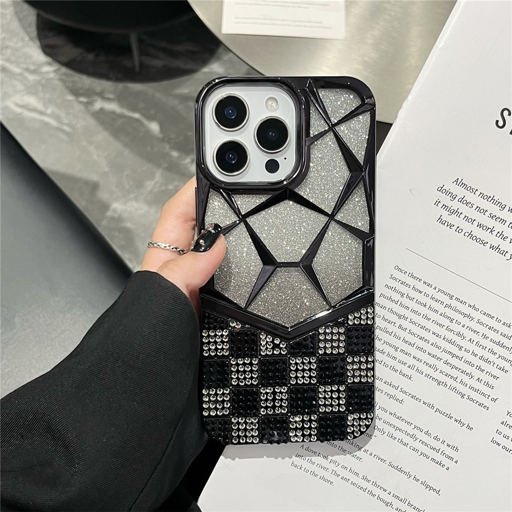 For iPhone 16 Pro Max Case with Glitter Paper Plate Geometric Diamond Pattern Rhinestone Electroplating TPU Phone Cover - Black