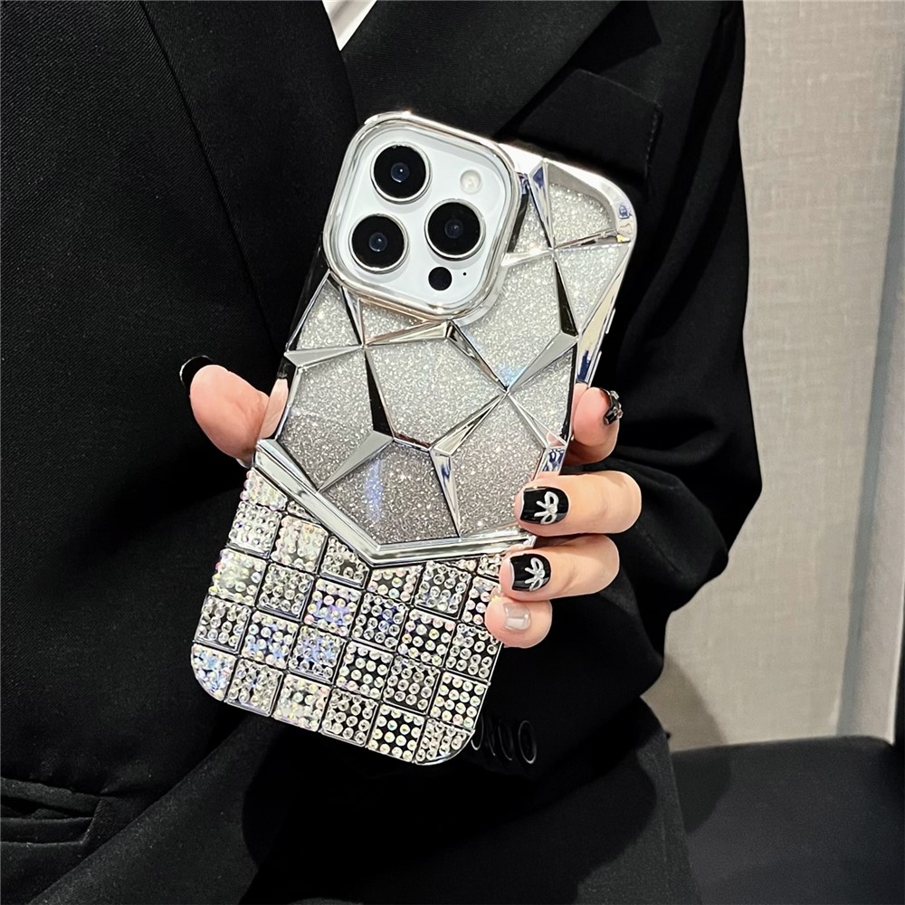 For iPhone 16 Pro Max Case with Glitter Paper Plate Geometric Diamond Pattern Rhinestone Electroplating TPU Phone Cover - Silver