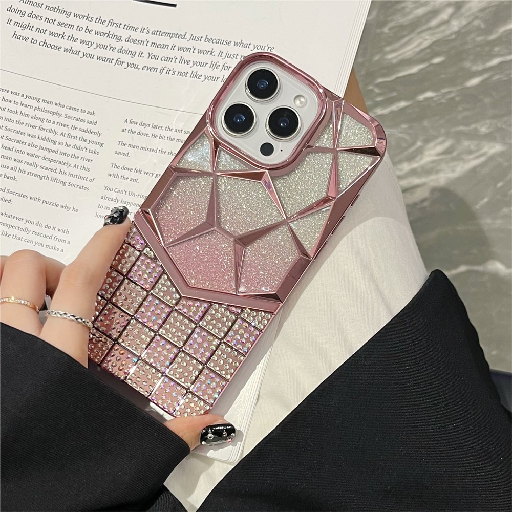 For iPhone 16 Pro Max Case with Glitter Paper Plate Geometric Diamond Pattern Rhinestone Electroplating TPU Phone Cover - Pink