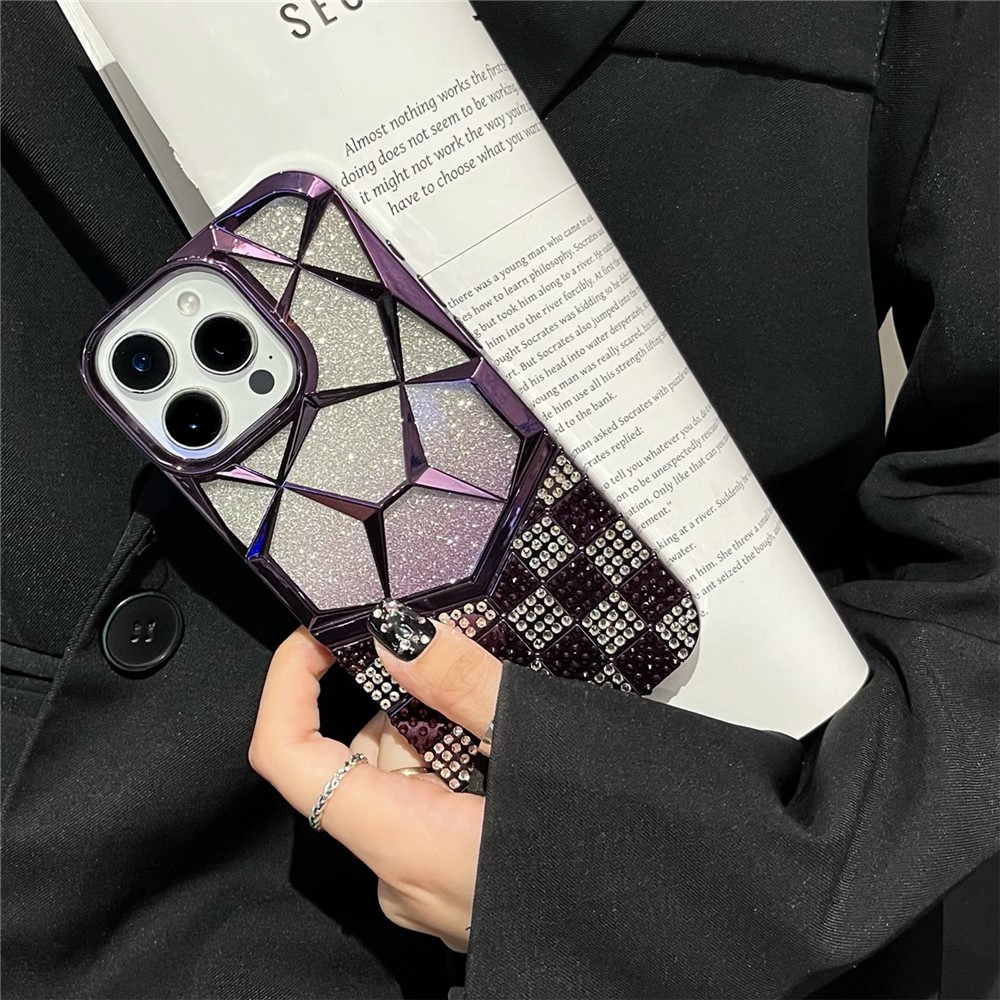 For iPhone 16 Pro Max Case with Glitter Paper Plate Geometric Diamond Pattern Rhinestone Electroplating TPU Phone Cover - Purple