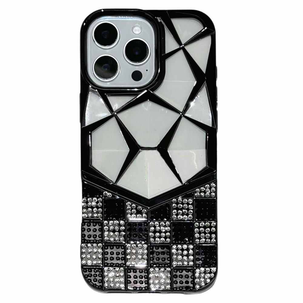 For iPhone 16 Pro Case Geometric Diamond Pattern Rhinestone Decor Electroplating TPU Phone Cover - Black