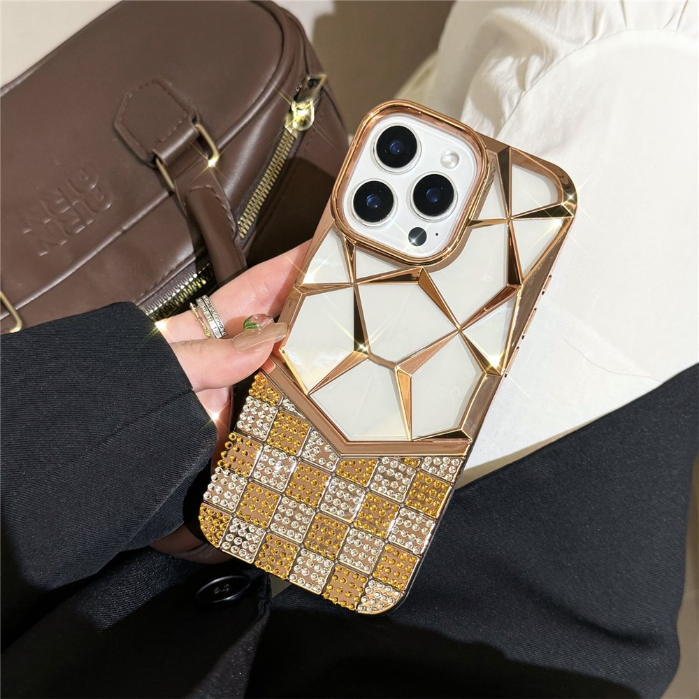 For iPhone 16 Pro Case Geometric Diamond Pattern Rhinestone Decor Electroplating TPU Phone Cover - Yellow