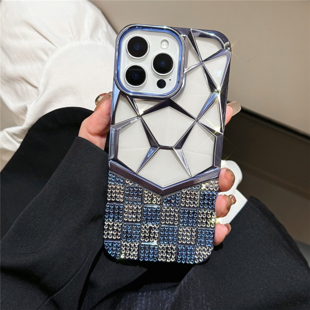 For iPhone 16 Pro Case Geometric Diamond Pattern Rhinestone Decor Electroplating TPU Phone Cover - Blue