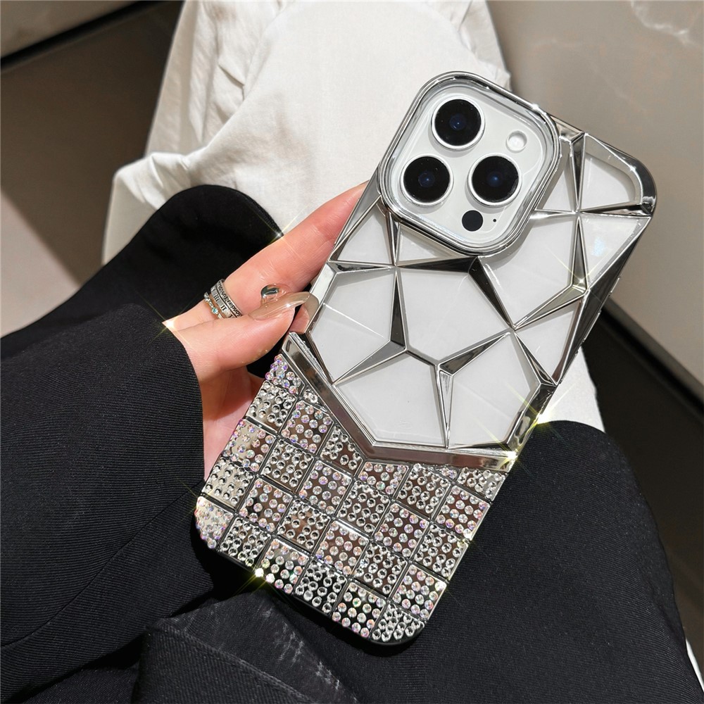 For iPhone 16 Pro Max Case Geometric Diamond Pattern Rhinestone Decor Electroplating TPU Phone Cover - Silver