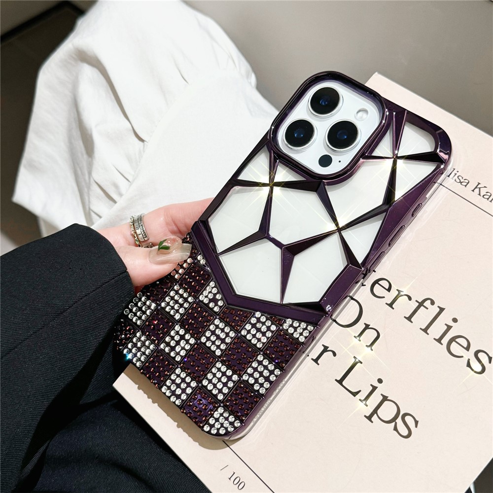 For iPhone 16 Pro Max Case Geometric Diamond Pattern Rhinestone Decor Electroplating TPU Phone Cover - Purple