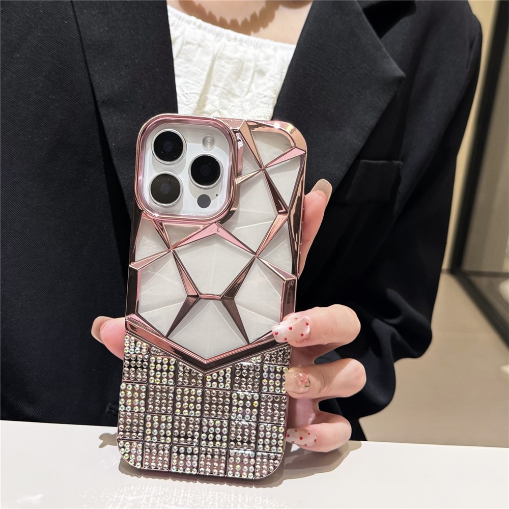 For iPhone 16 Pro Max Case Geometric Diamond Pattern Rhinestone Decor Electroplating TPU Phone Cover - Pink