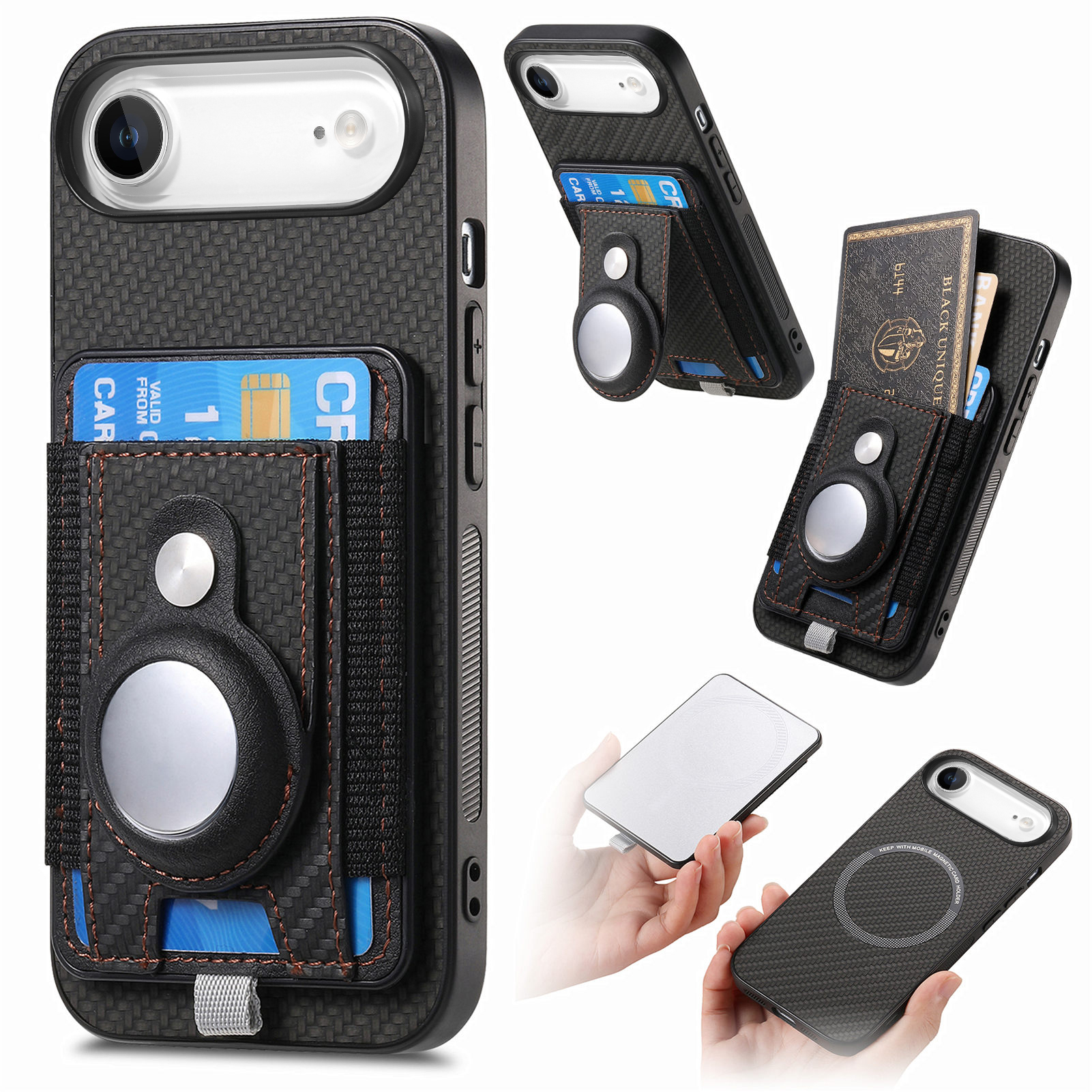 For iPhone Air Case RFID Blocking Carbon Fiber Leather Phone Back Cover with Card Holder - Black