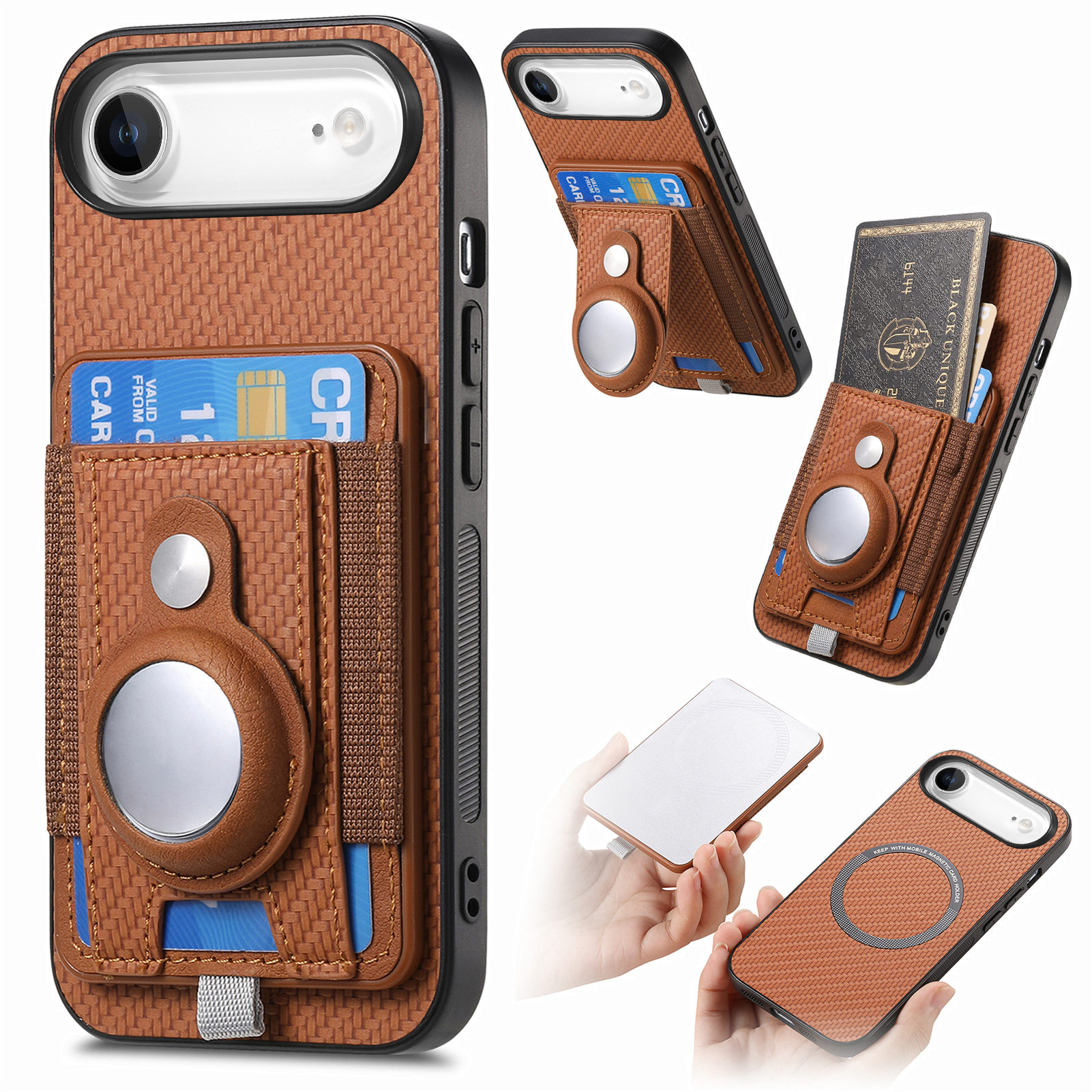 For iPhone Air Case RFID Blocking Carbon Fiber Leather Phone Back Cover with Card Holder - Brown