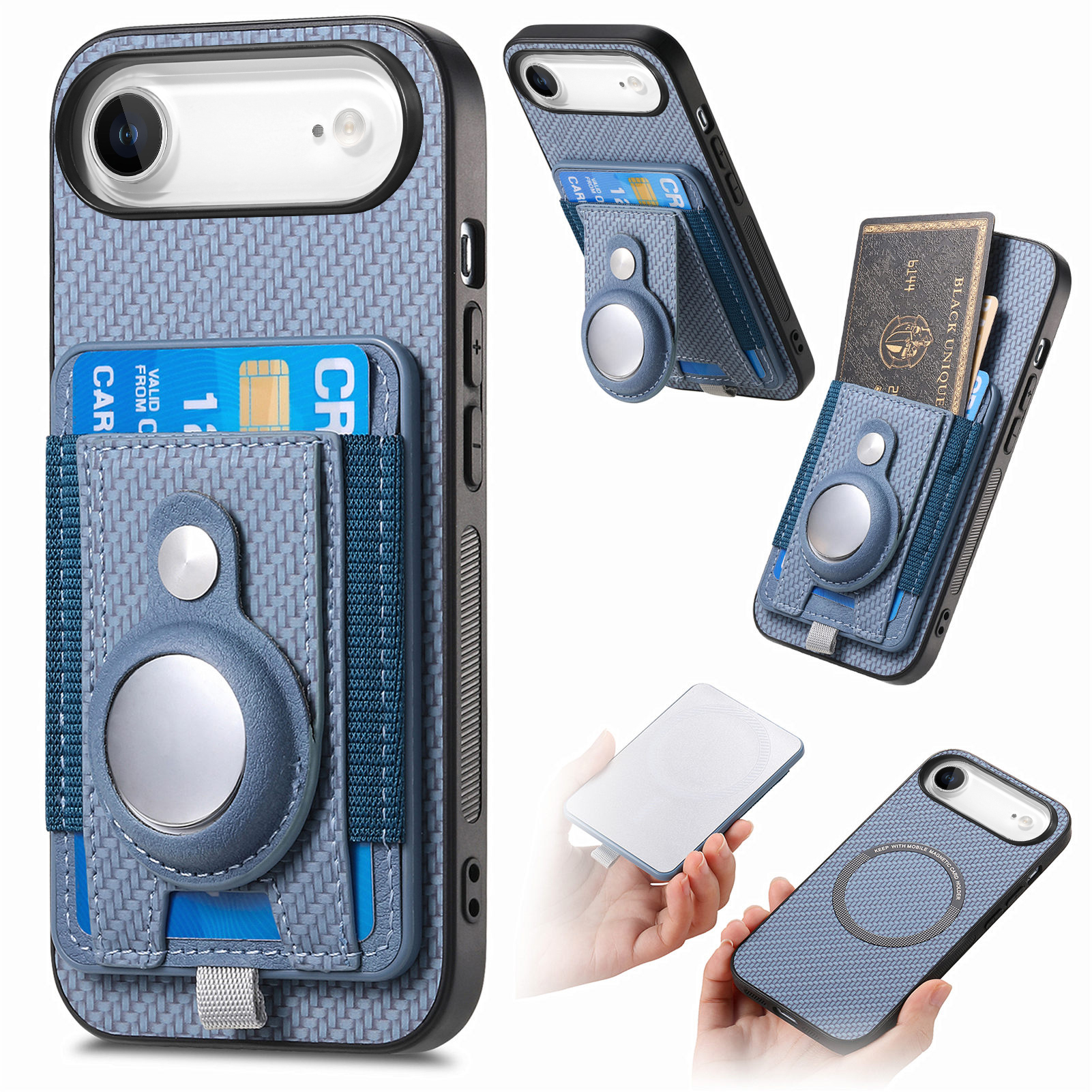 For iPhone Air Case RFID Blocking Carbon Fiber Leather Phone Back Cover with Card Holder - Blue
