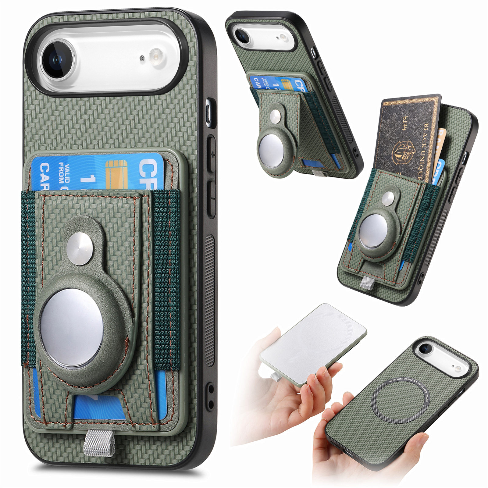 For iPhone Air Case RFID Blocking Carbon Fiber Leather Phone Back Cover with Card Holder - Green