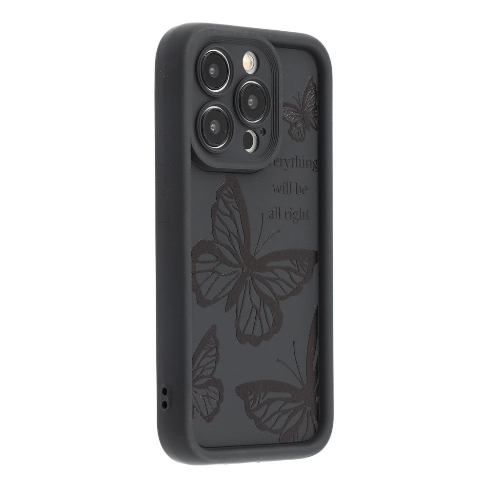 For iPhone 15 Pro Case Butterfly Print TPU Shockproof Phone Back Cover - Black