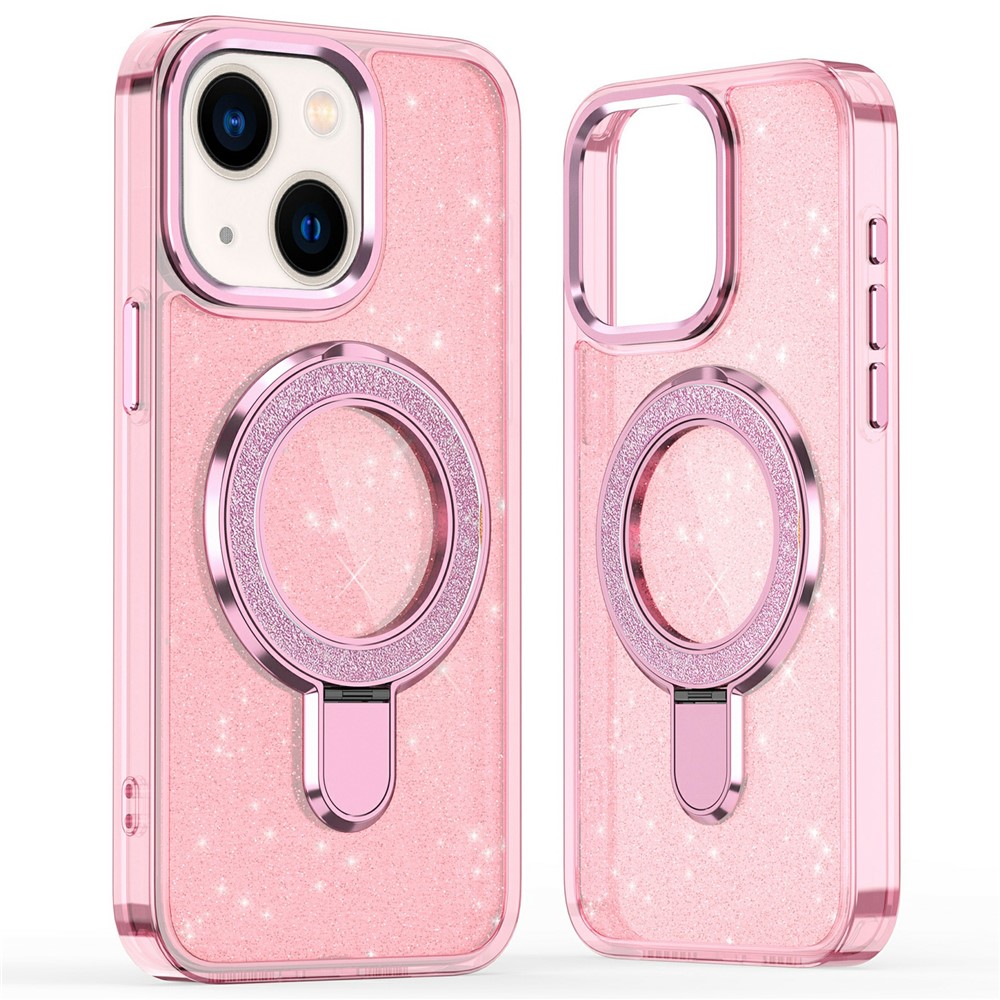 For iPhone 15 Case Glitter Design TPU + PC Kickstand Phone Protector - Pink