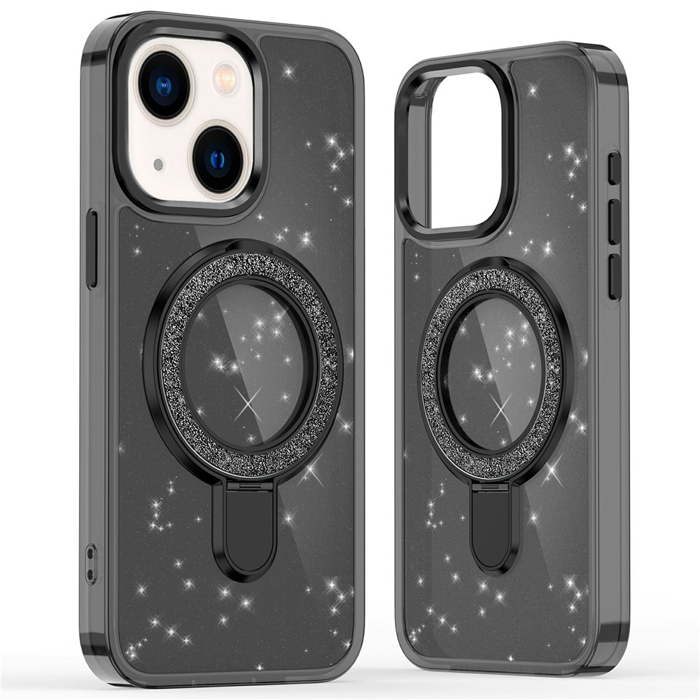 For iPhone 15 Case Glitter Design TPU + PC Kickstand Phone Protector - Black